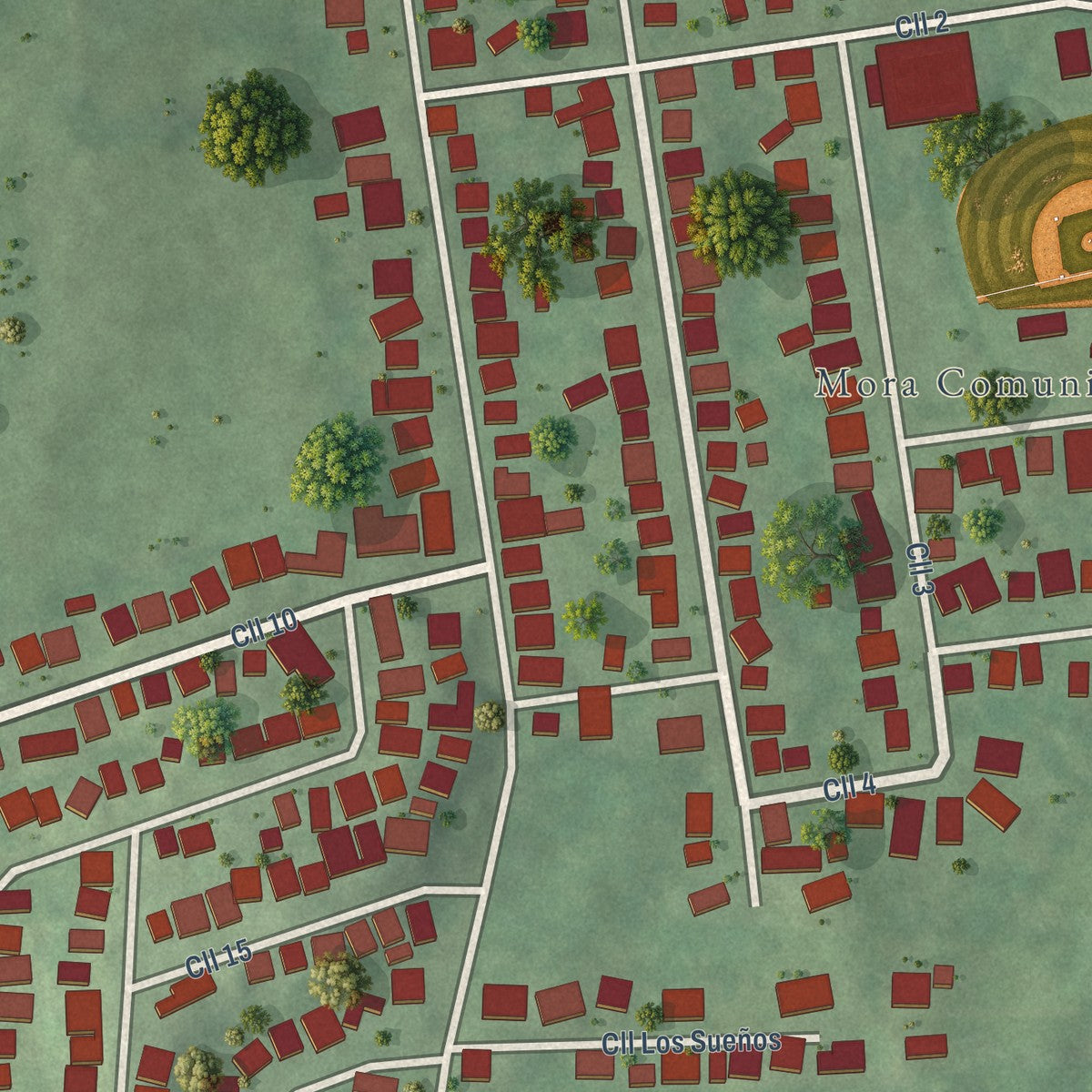 Close-up of the map of Mora, Puerto Rico print showing street and building detail