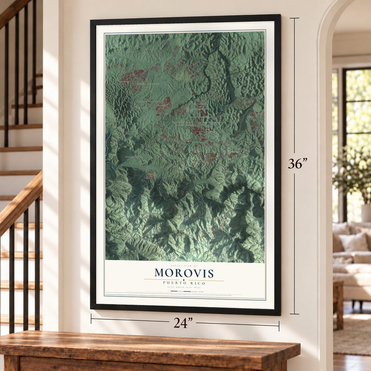 Morovis, Puerto Rico map, 24 x 36 inch print in a black frame by a staircase
