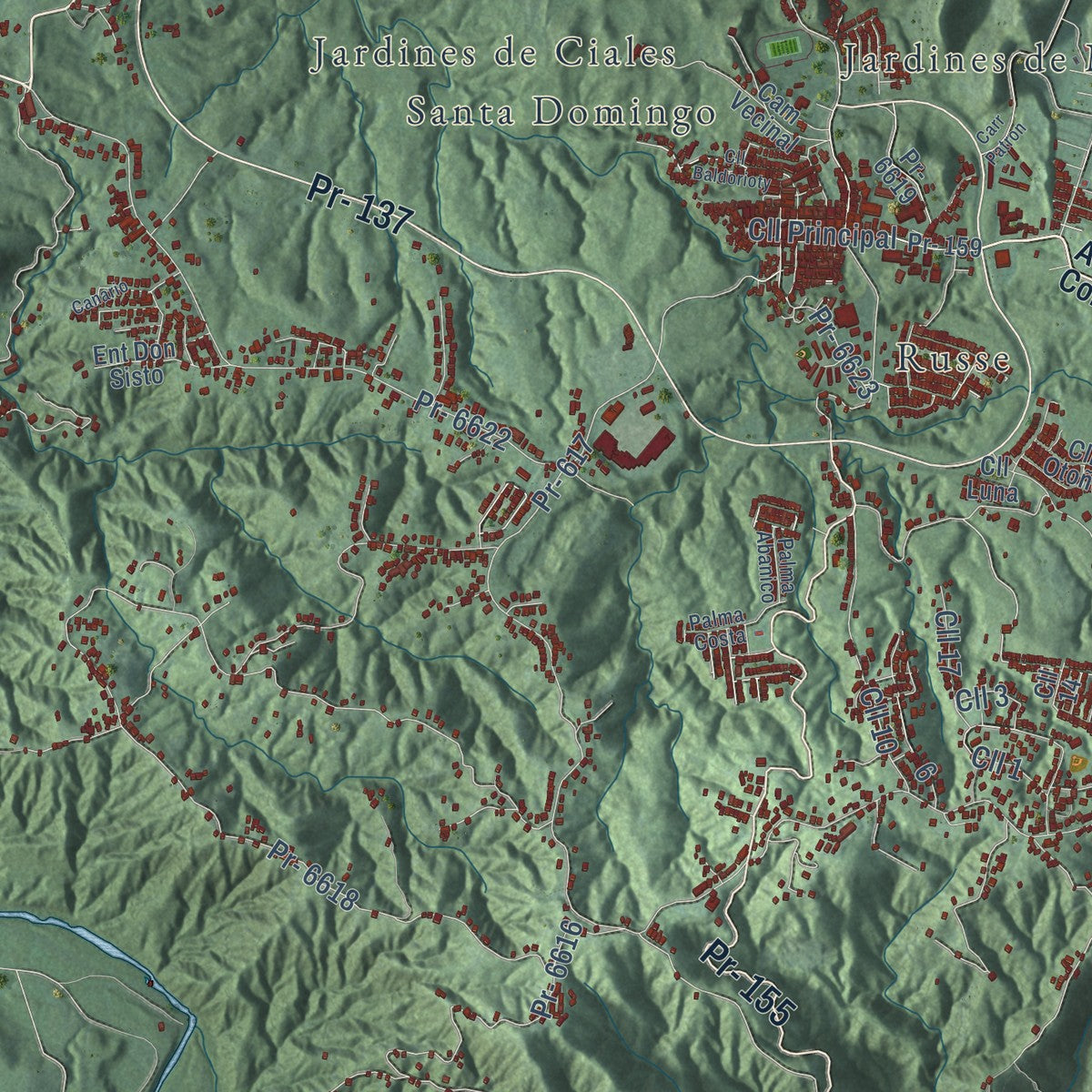 Close-up of the map of Morovis, Puerto Rico print showing street and building detail