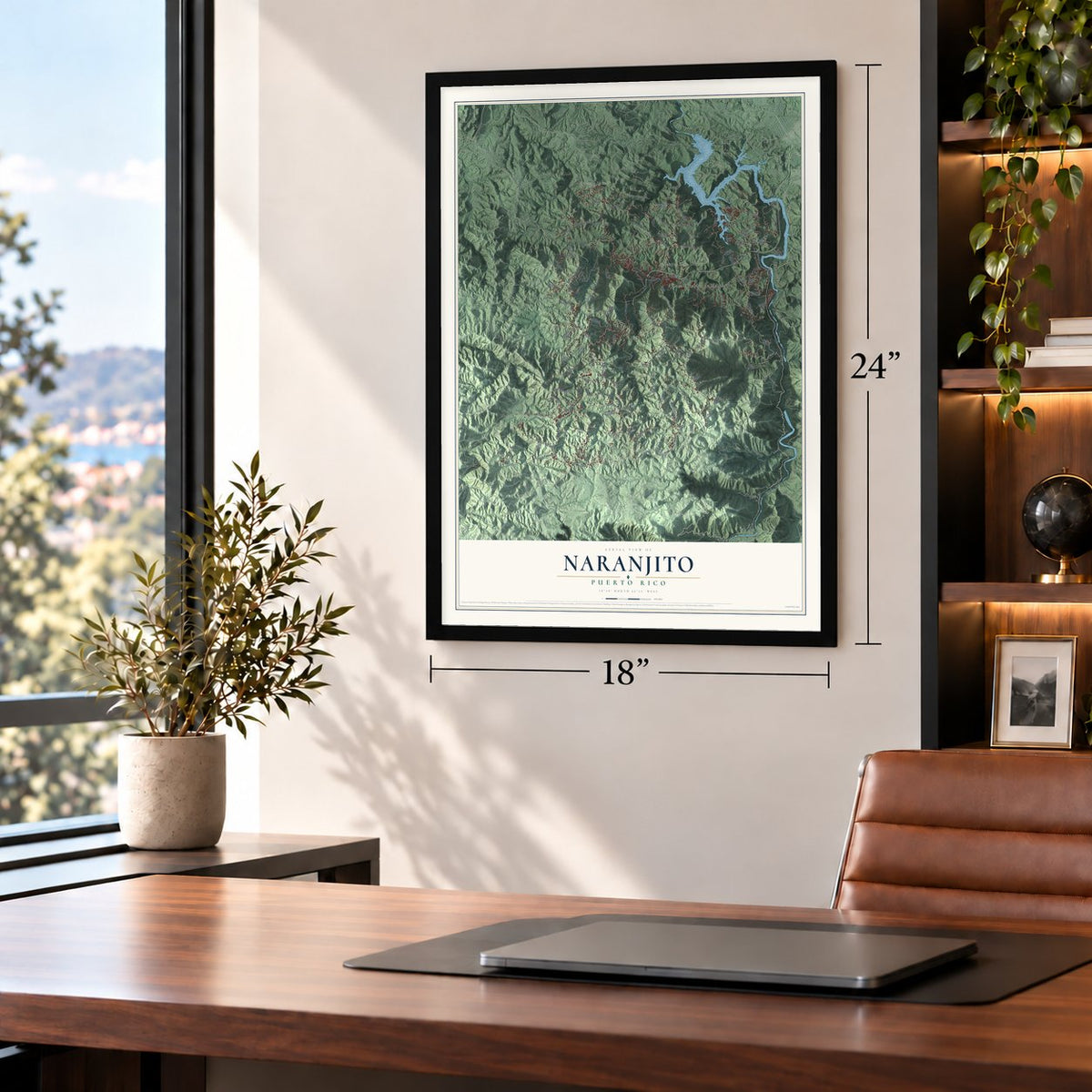 Naranjito, Puerto Rico map, 18 x 24 inch print in a black frame in a home office