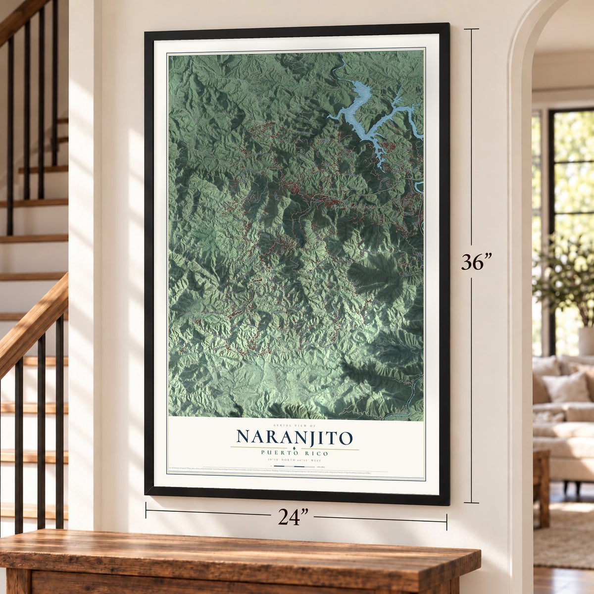 Naranjito, Puerto Rico map, 24 x 36 inch print in a black frame by a staircase