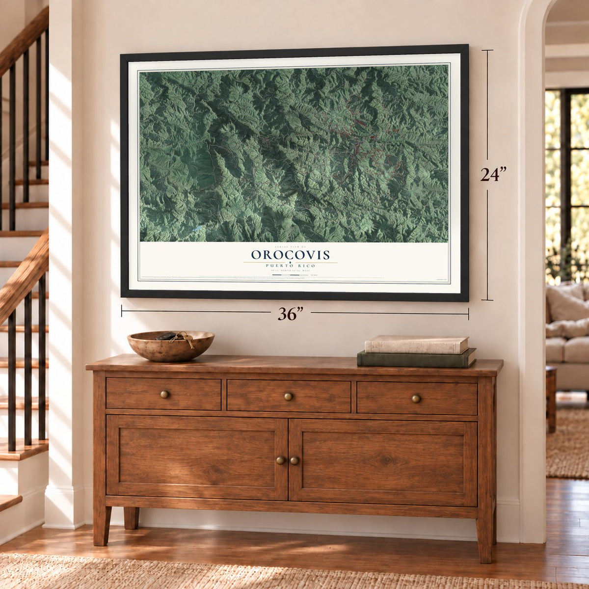 Orocovis, Puerto Rico map, 24 x 36 inch print in a black frame above a dresser by a staircase
