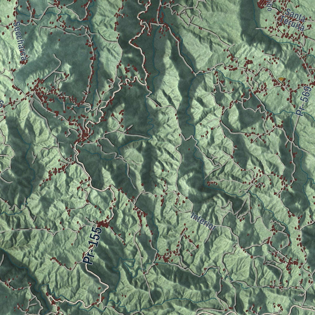 Close-up of the map of Orocovis, Puerto Rico print showing street and building detail