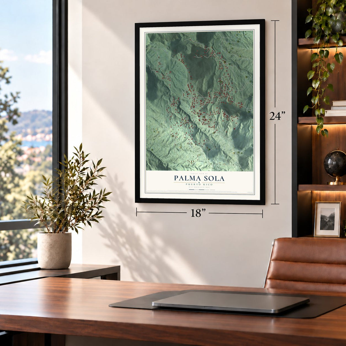Palma Sola, Puerto Rico map, 18 x 24 inch print in a black frame in a home office