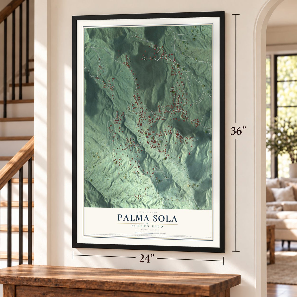 Palma Sola, Puerto Rico map, 24 x 36 inch print in a black frame by a staircase