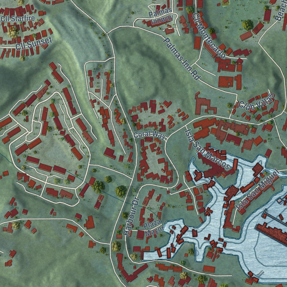 Close-up of the map of Palmas del Mar, Puerto Rico print showing street and building detail