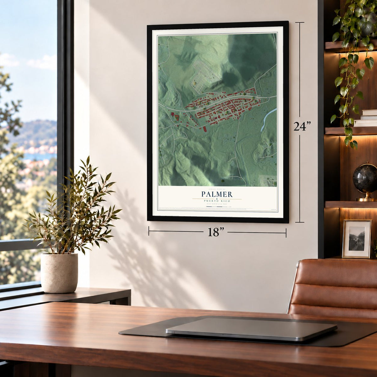Palmer, Puerto Rico map, 18 x 24 inch print in a black frame in a home office