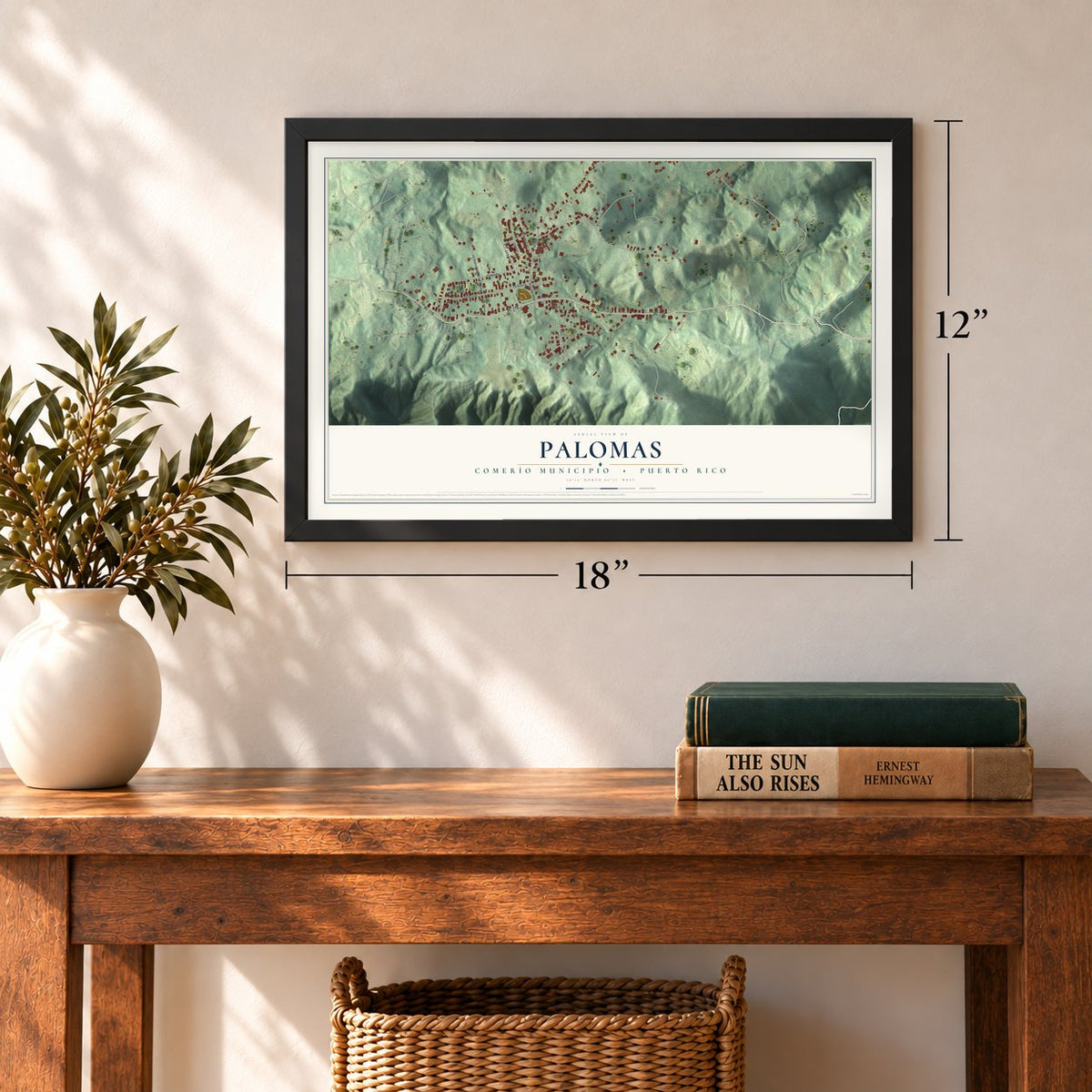 Palomas, Comerío Municipio, Puerto Rico map, 12 x 18 inch print in a black frame in an entryway