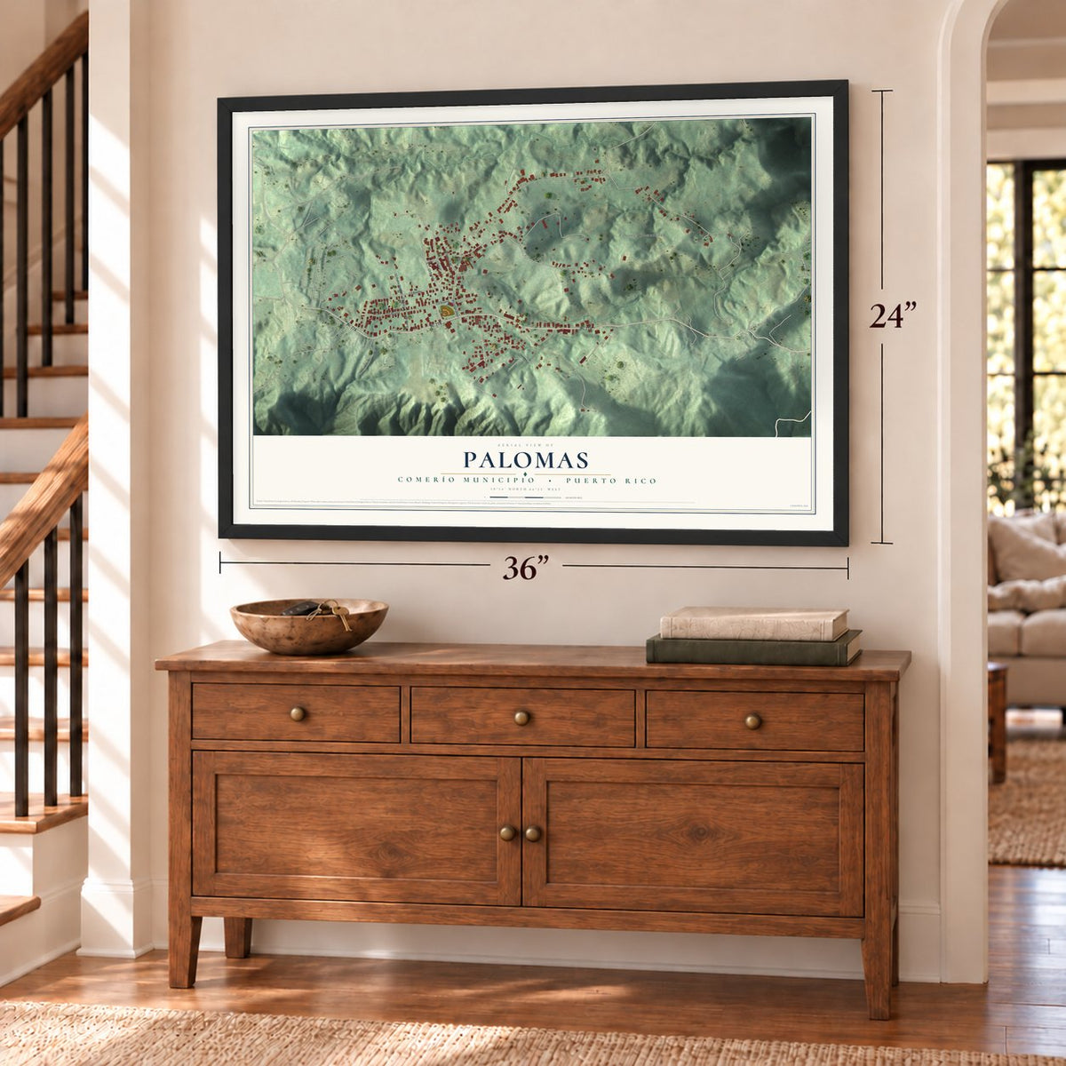 Palomas, Comerío Municipio, Puerto Rico map, 24 x 36 inch print in a black frame above a dresser by a staircase