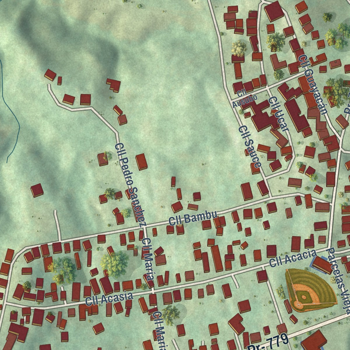 Close-up of the map of Palomas, Comerío Municipio, Puerto Rico print showing street and building detail