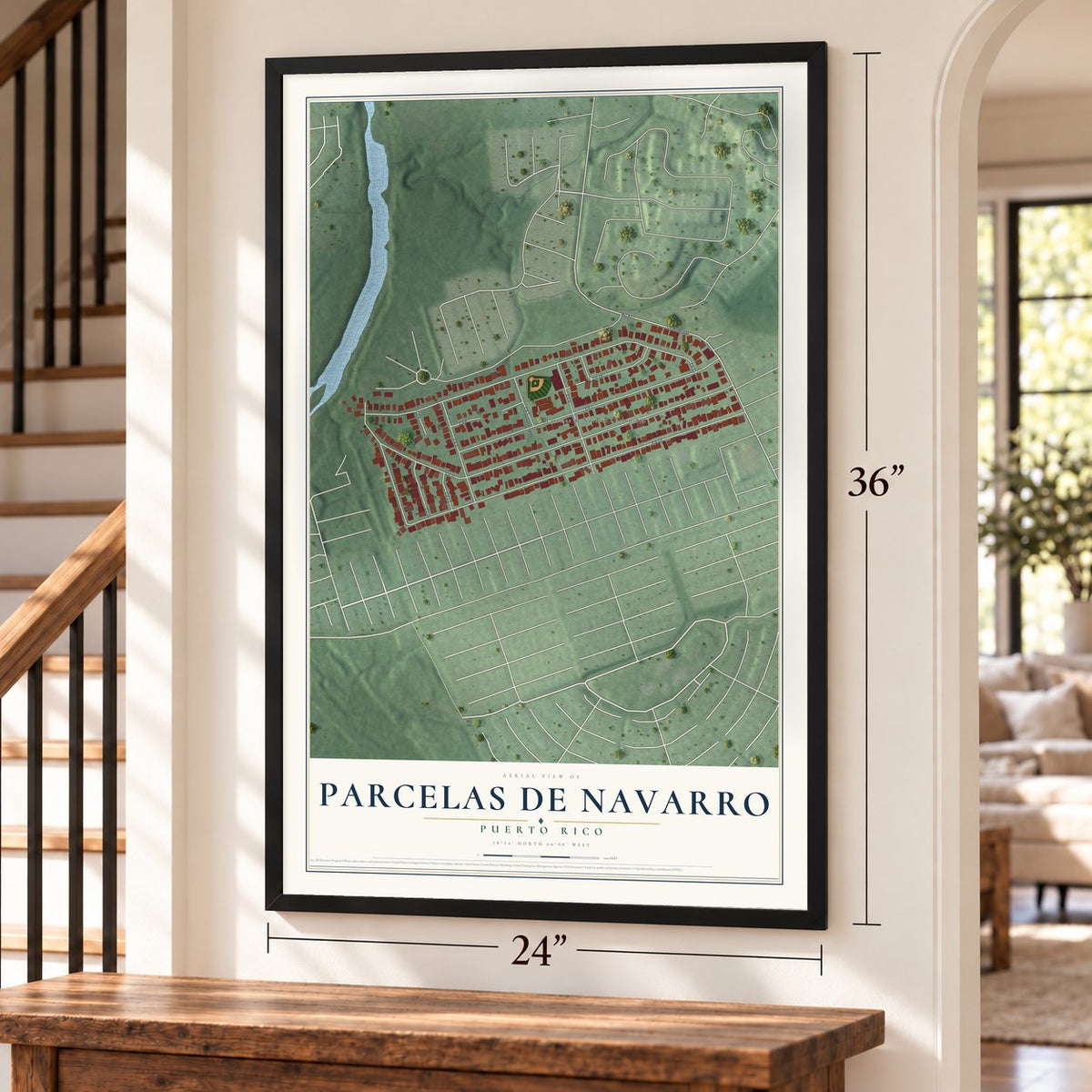Parcelas de Navarro, Puerto Rico map, 24 x 36 inch print in a black frame by a staircase