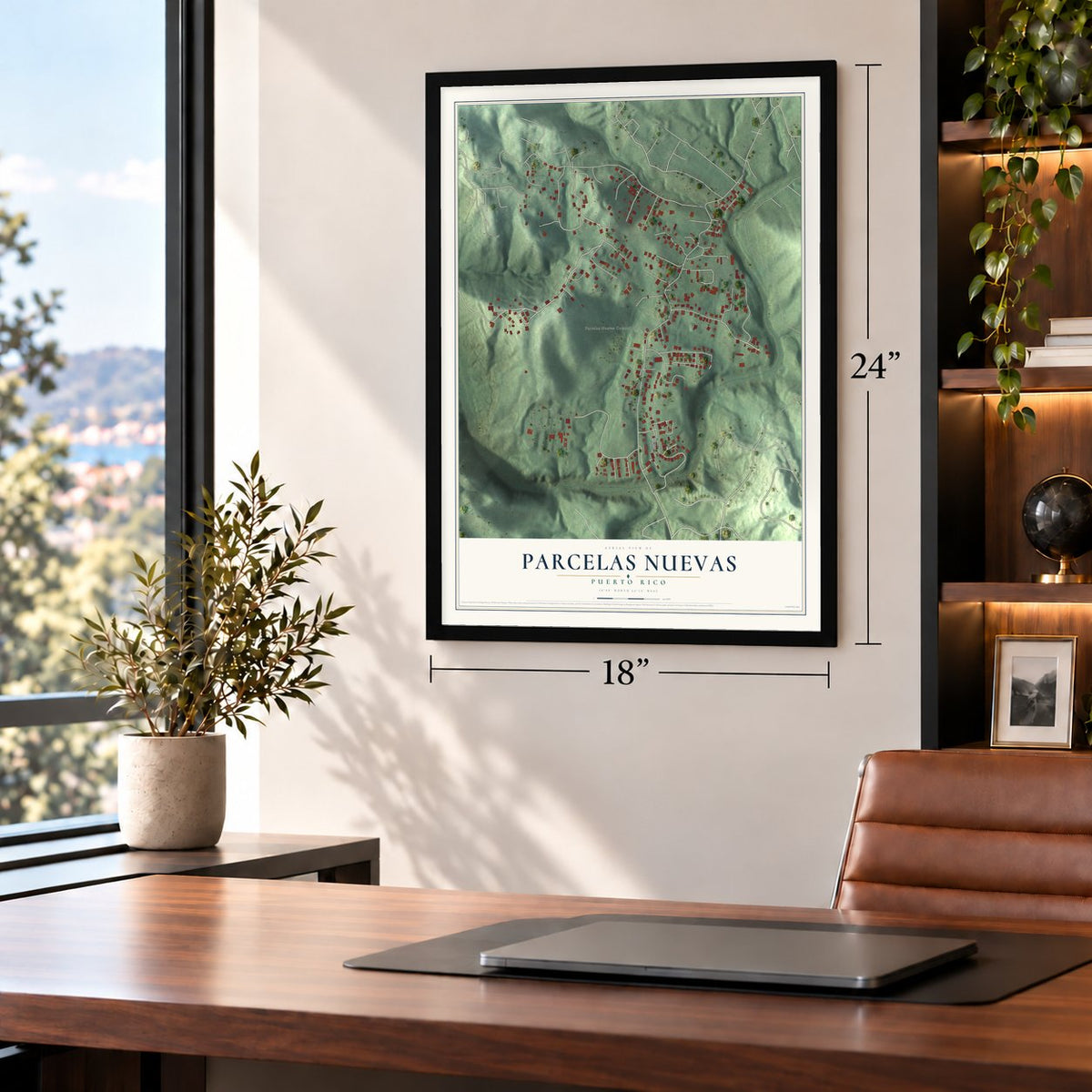 Parcelas Nuevas, Puerto Rico map, 18 x 24 inch print in a black frame in a home office