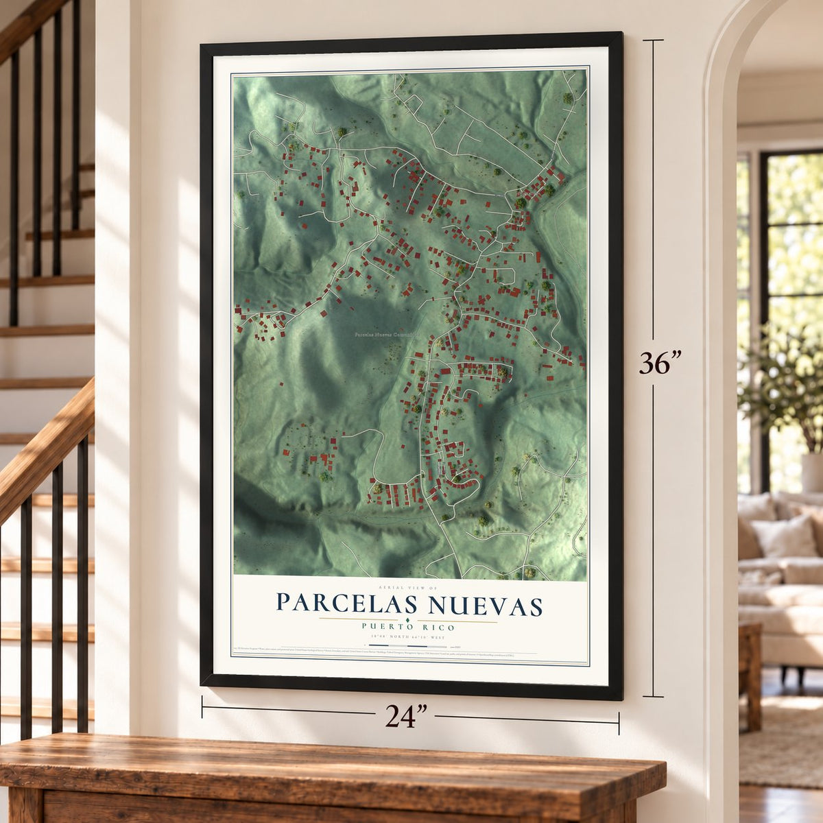 Parcelas Nuevas, Puerto Rico map, 24 x 36 inch print in a black frame by a staircase