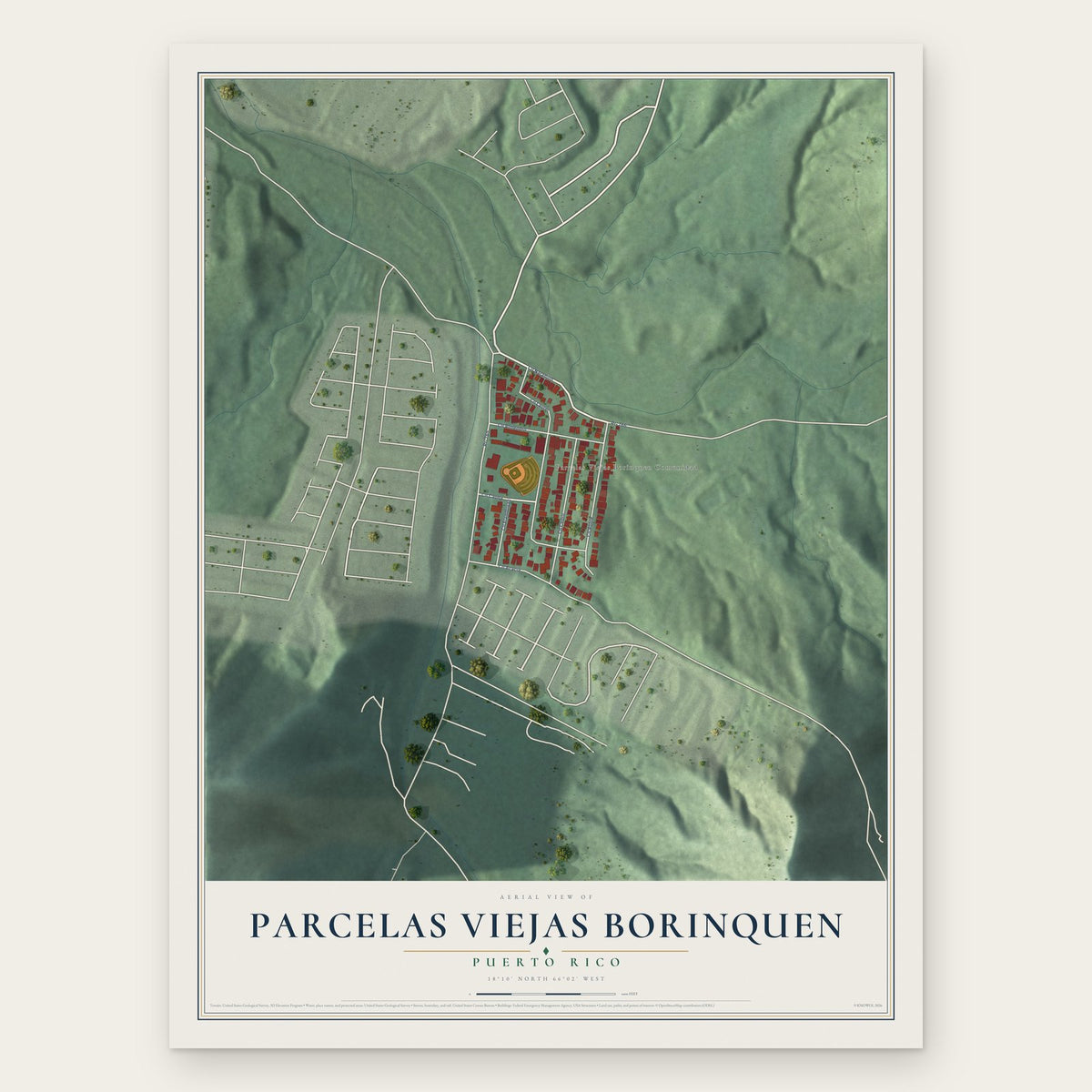 Parcelas Viejas Borinquen, Puerto Rico map print, the full design