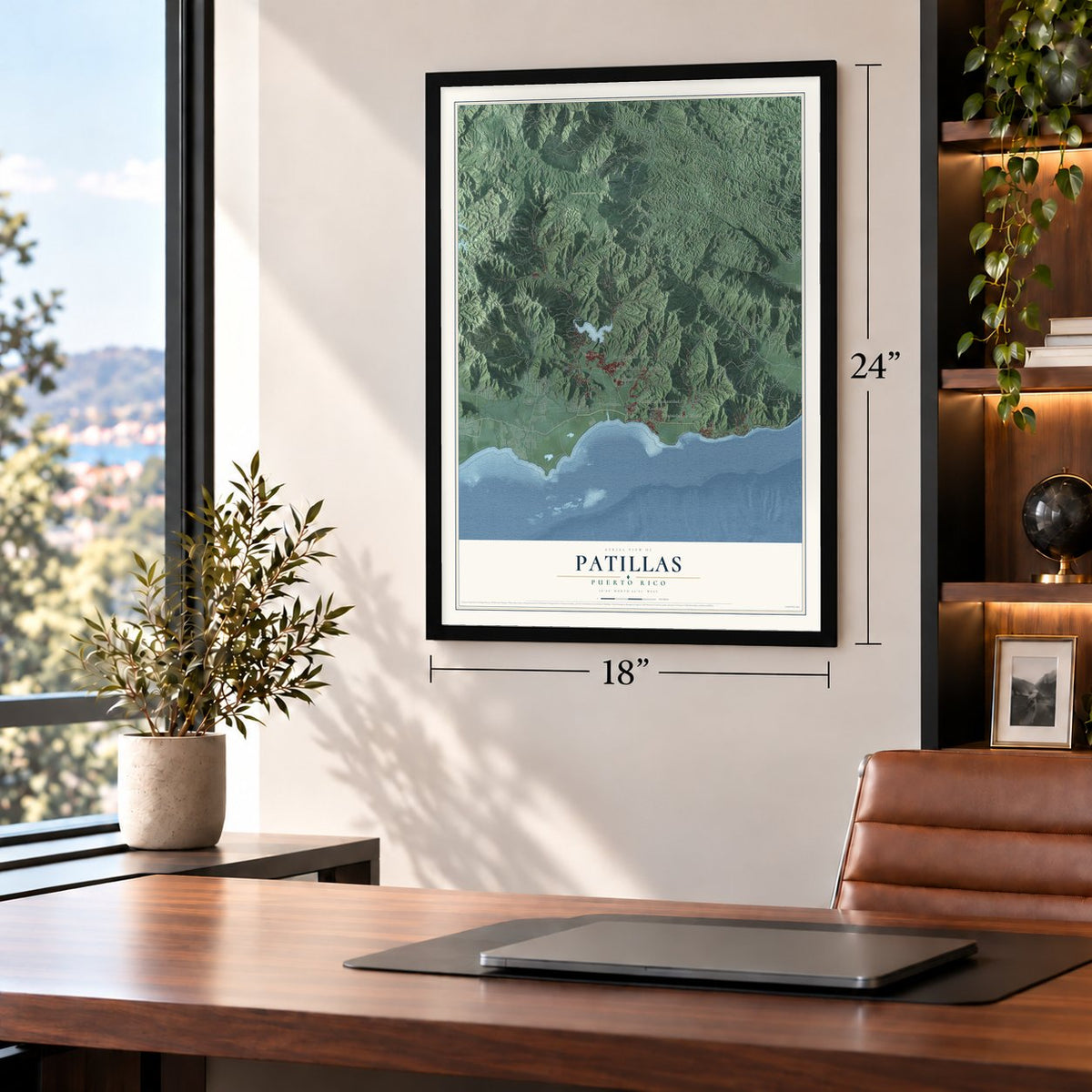 Patillas, Puerto Rico map, 18 x 24 inch print in a black frame in a home office