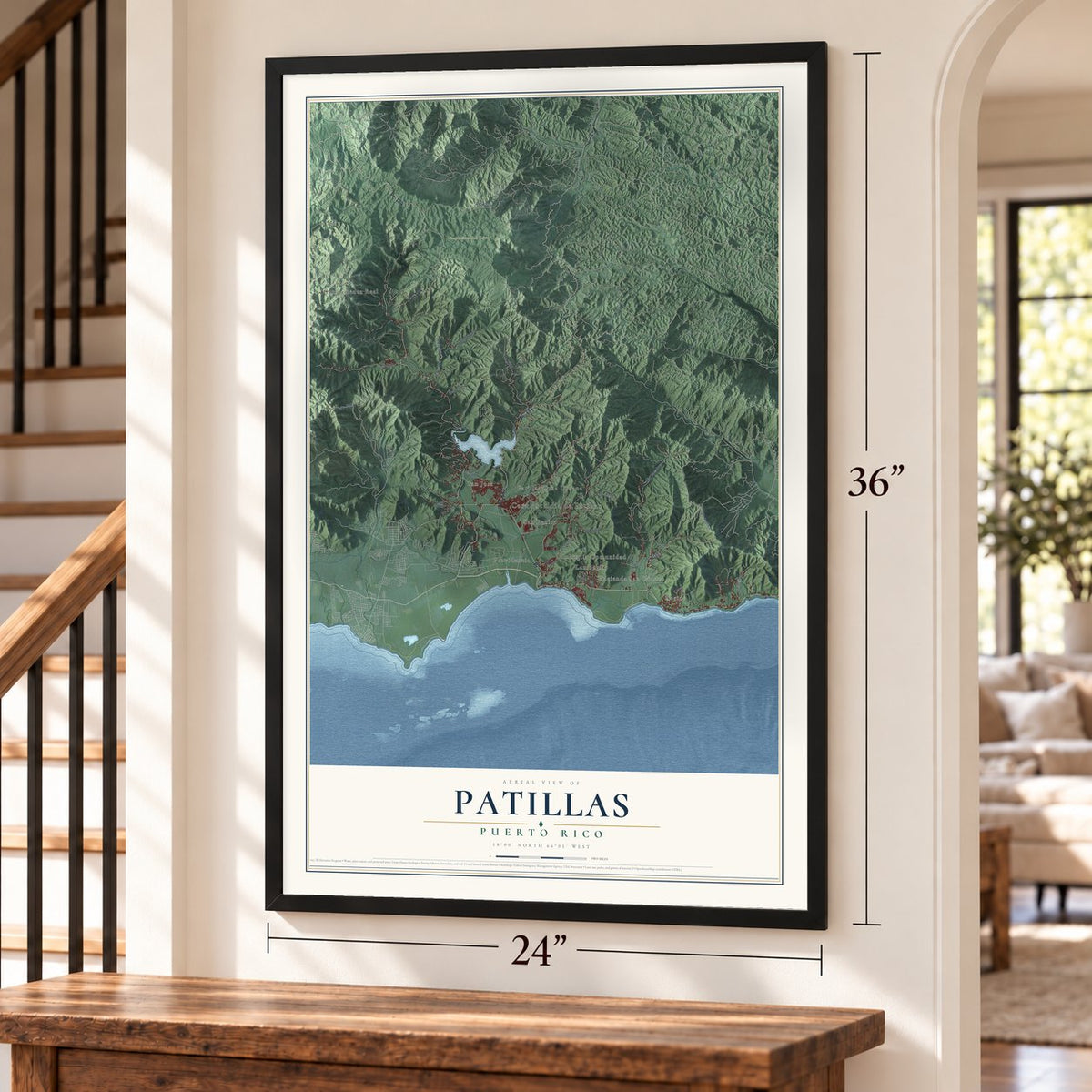 Patillas, Puerto Rico map, 24 x 36 inch print in a black frame by a staircase