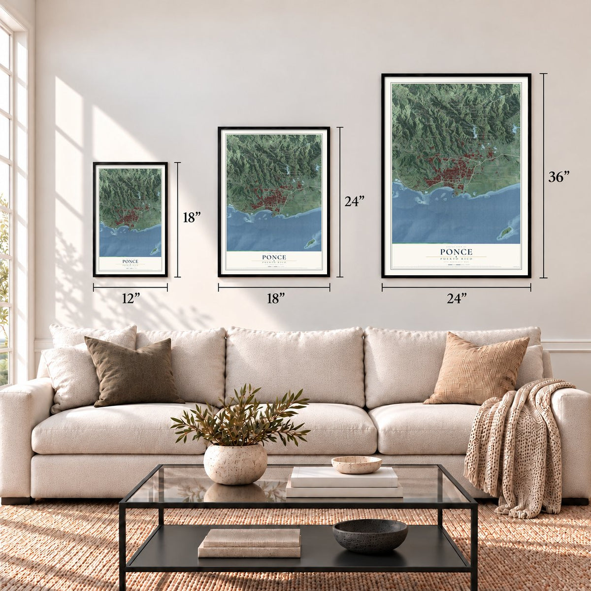 Ponce, Puerto Rico map in 12 x 18, 18 x 24 and 24 x 36 inch sizes above a sofa