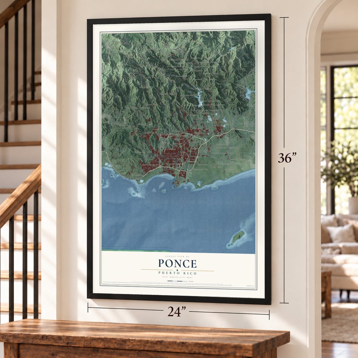 Ponce, Puerto Rico map, 24 x 36 inch print in a black frame by a staircase