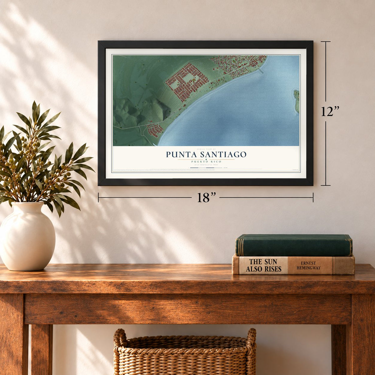 Punta Santiago, Puerto Rico map, 12 x 18 inch print in a black frame in an entryway