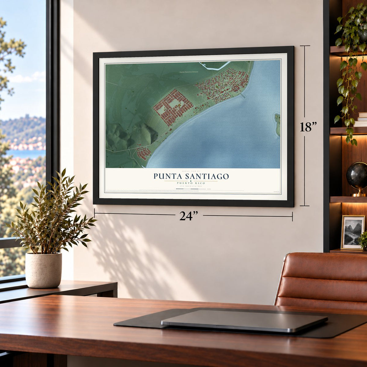Punta Santiago, Puerto Rico map, 18 x 24 inch print in a black frame in a home office