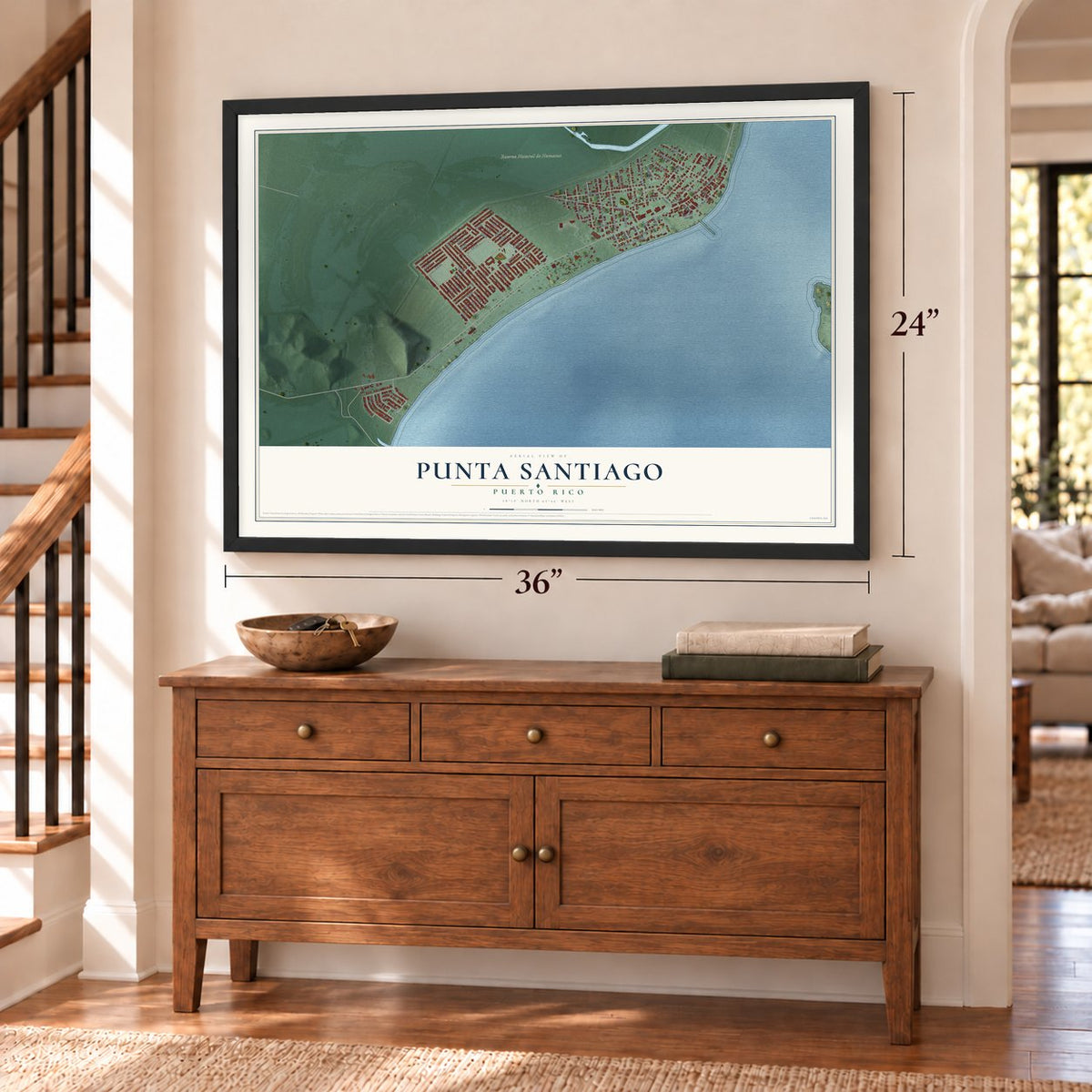 Punta Santiago, Puerto Rico map, 24 x 36 inch print in a black frame above a dresser by a staircase