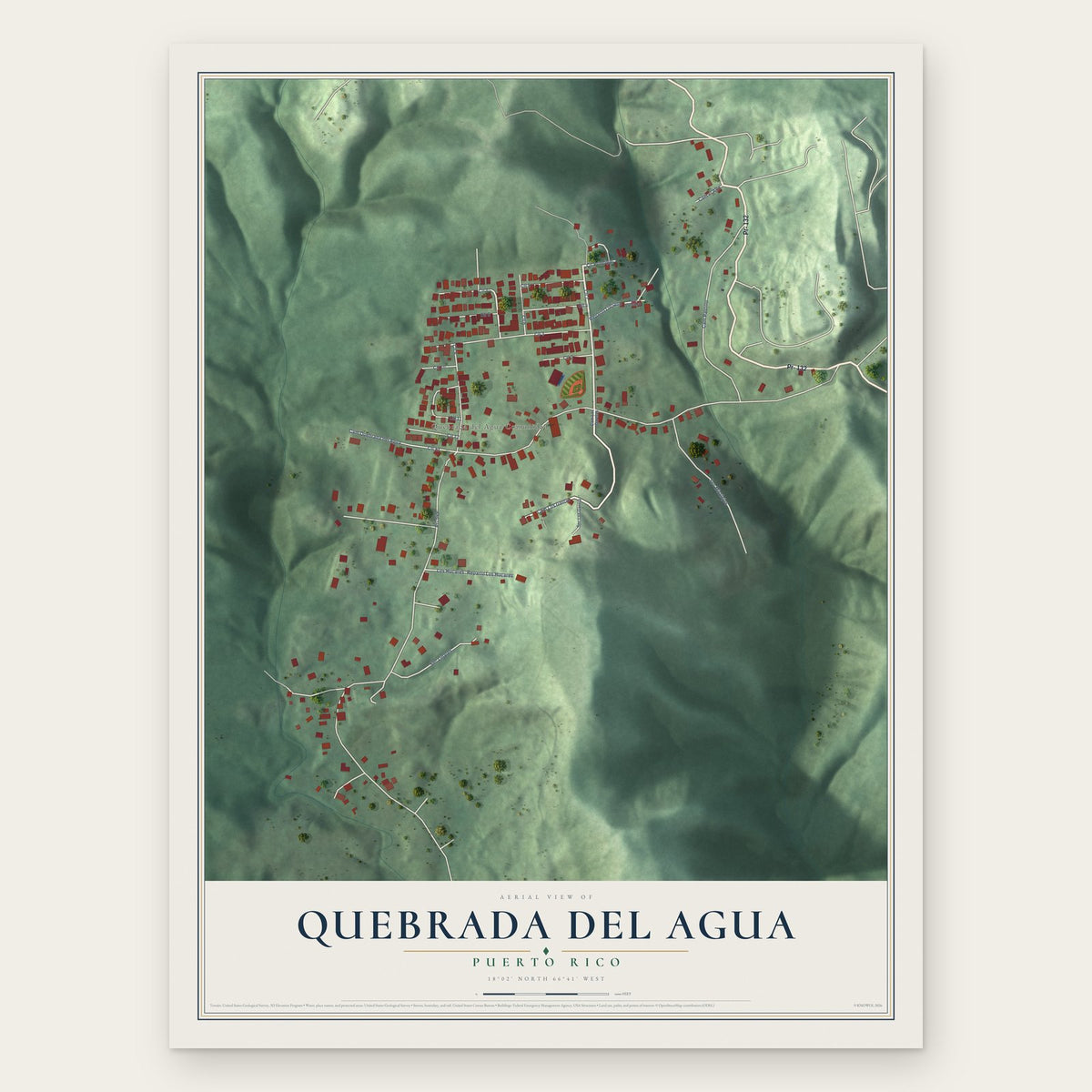 Quebrada del Agua, Puerto Rico map print, the full design