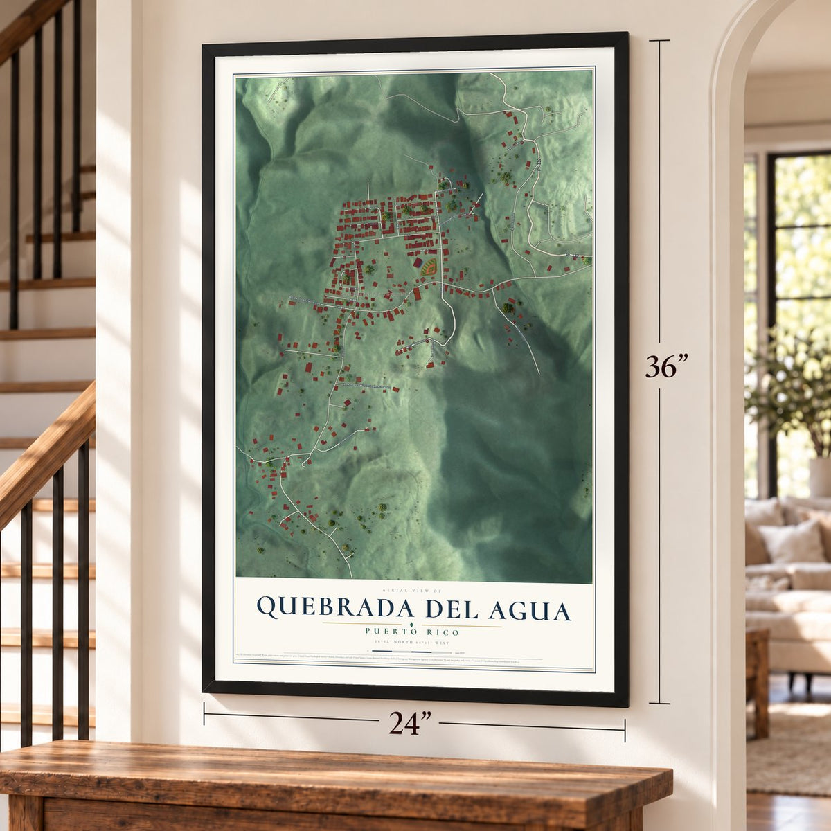 Quebrada del Agua, Puerto Rico map, 24 x 36 inch print in a black frame by a staircase