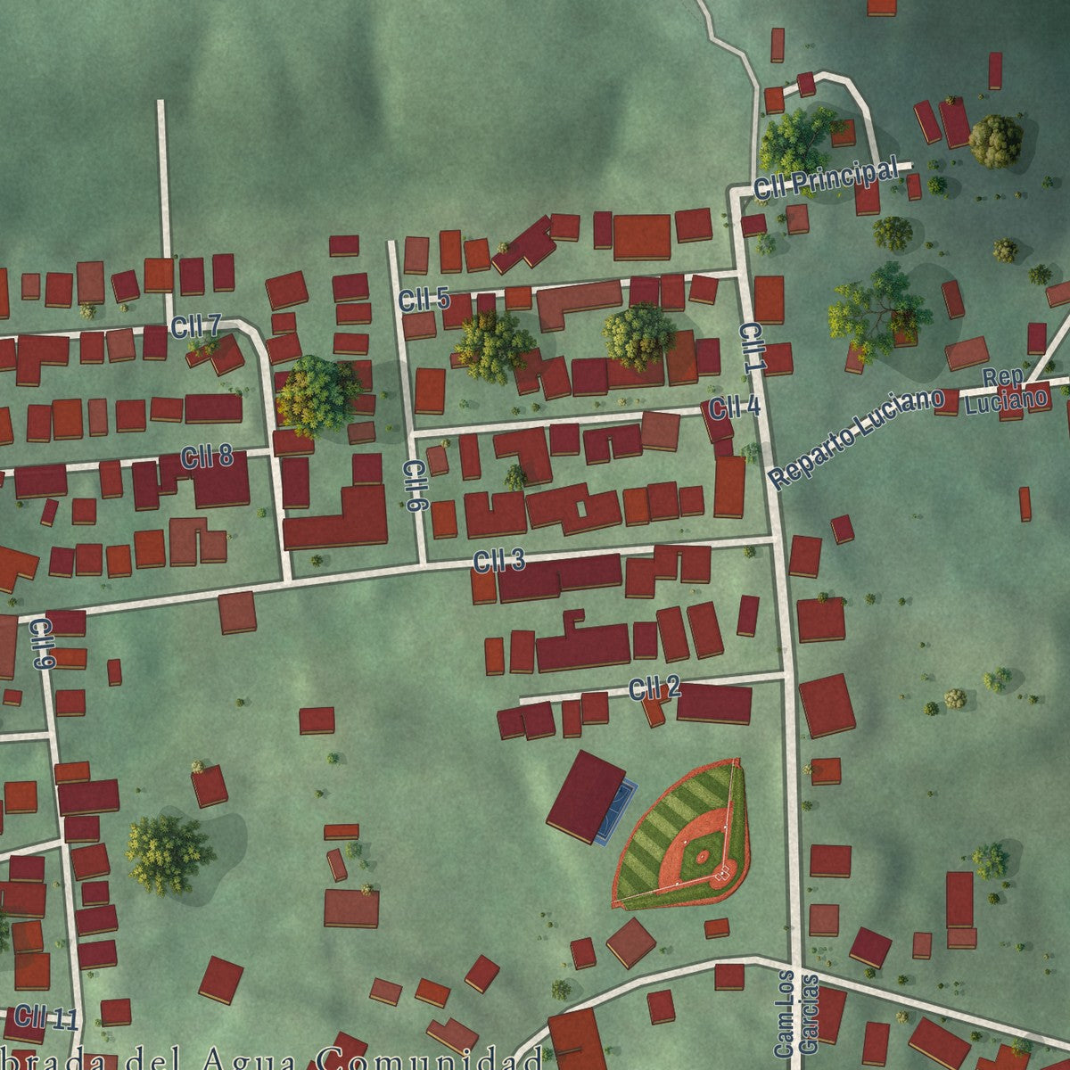 Close-up of the map of Quebrada del Agua, Puerto Rico print showing street and building detail