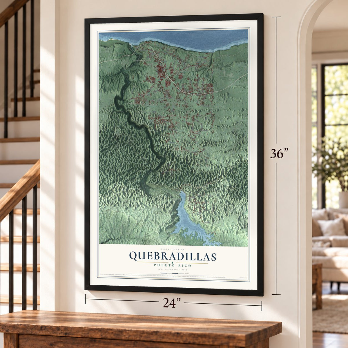 Quebradillas, Puerto Rico map, 24 x 36 inch print in a black frame by a staircase