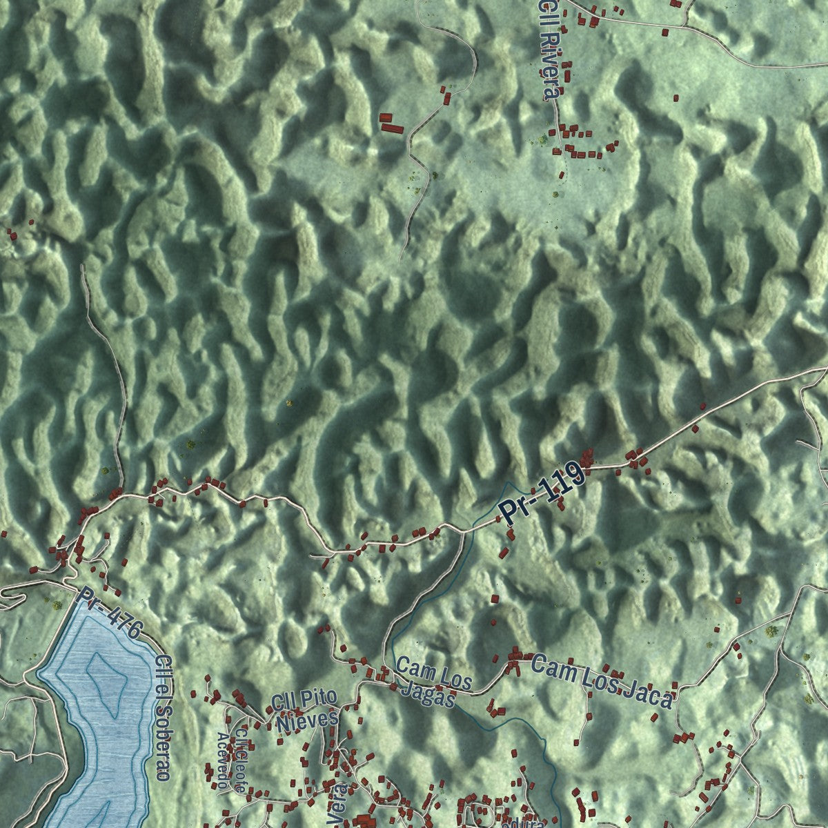 Close-up of the map of Quebradillas, Puerto Rico print showing street and building detail