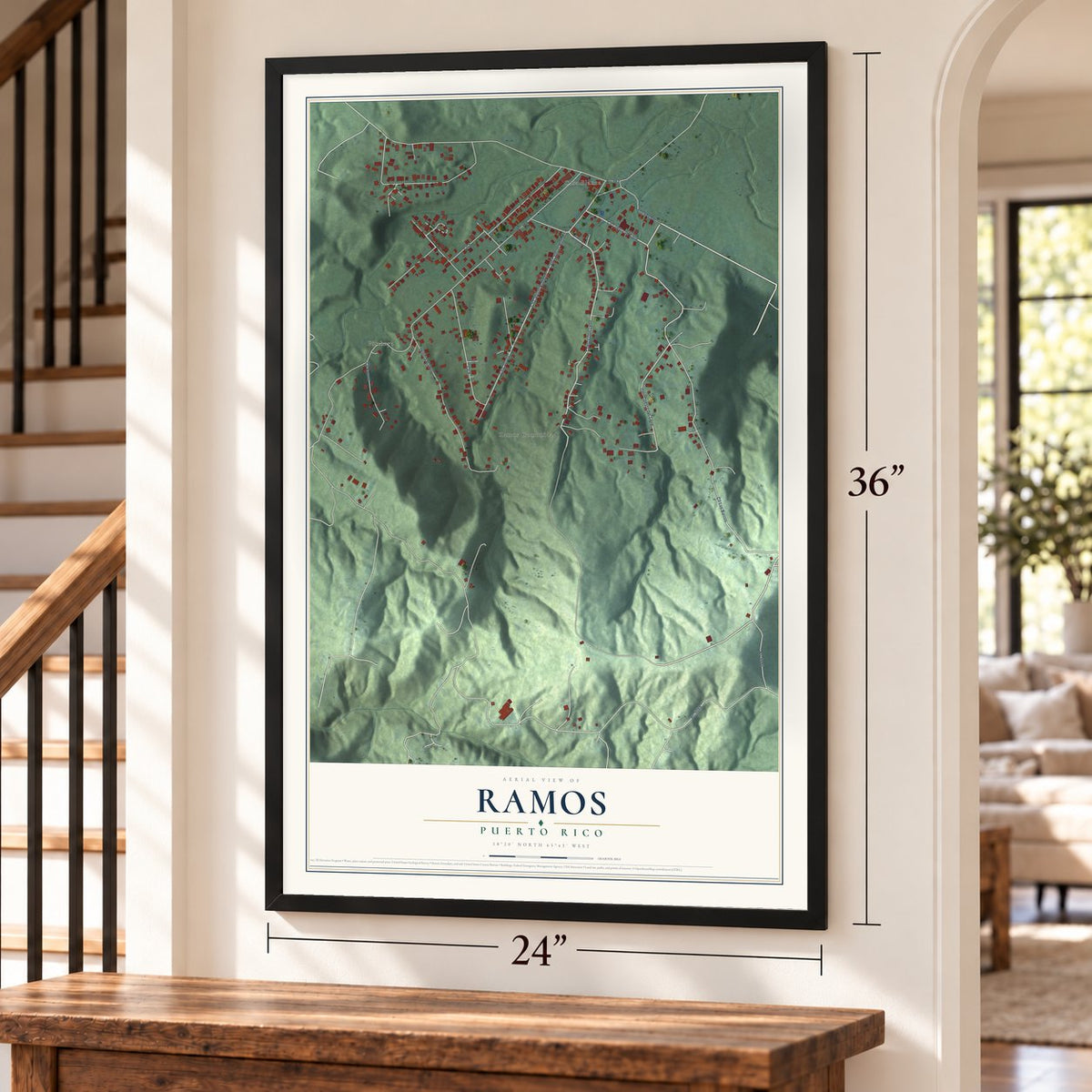 Ramos, Puerto Rico map, 24 x 36 inch print in a black frame by a staircase