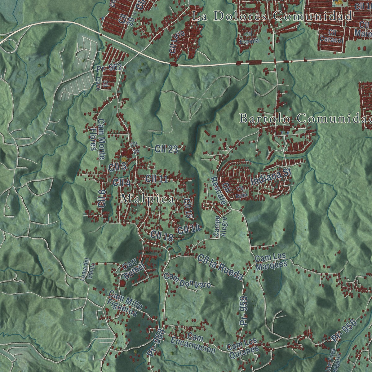 Close-up of the map of Río Grande, Puerto Rico print showing street and building detail
