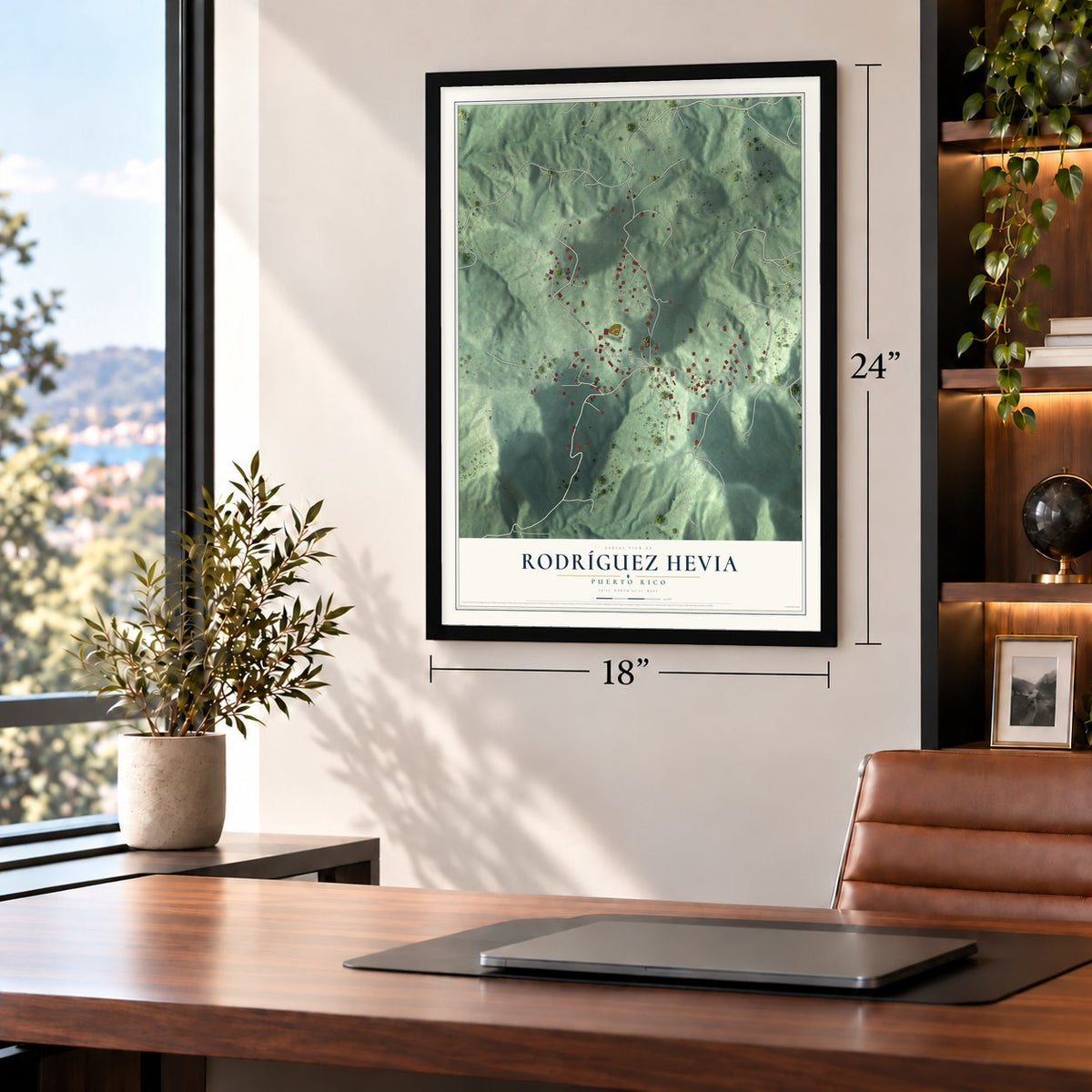 Rodríguez Hevia, Puerto Rico map, 18 x 24 inch print in a black frame in a home office