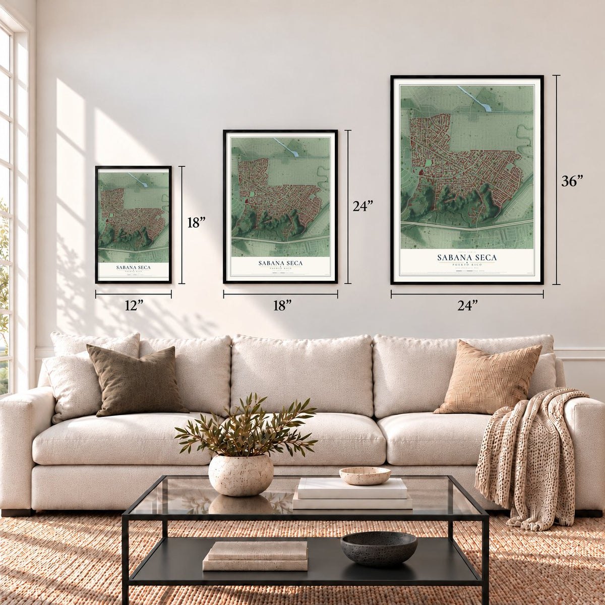 Sabana Seca, Puerto Rico map in 12 x 18, 18 x 24 and 24 x 36 inch sizes above a sofa