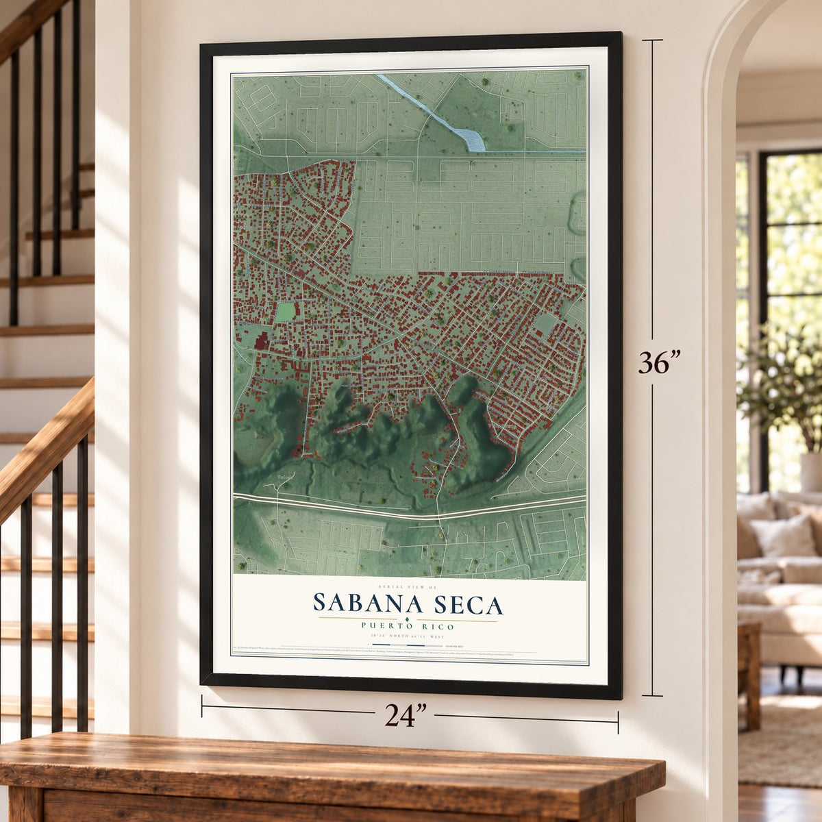 Sabana Seca, Puerto Rico map, 24 x 36 inch print in a black frame by a staircase