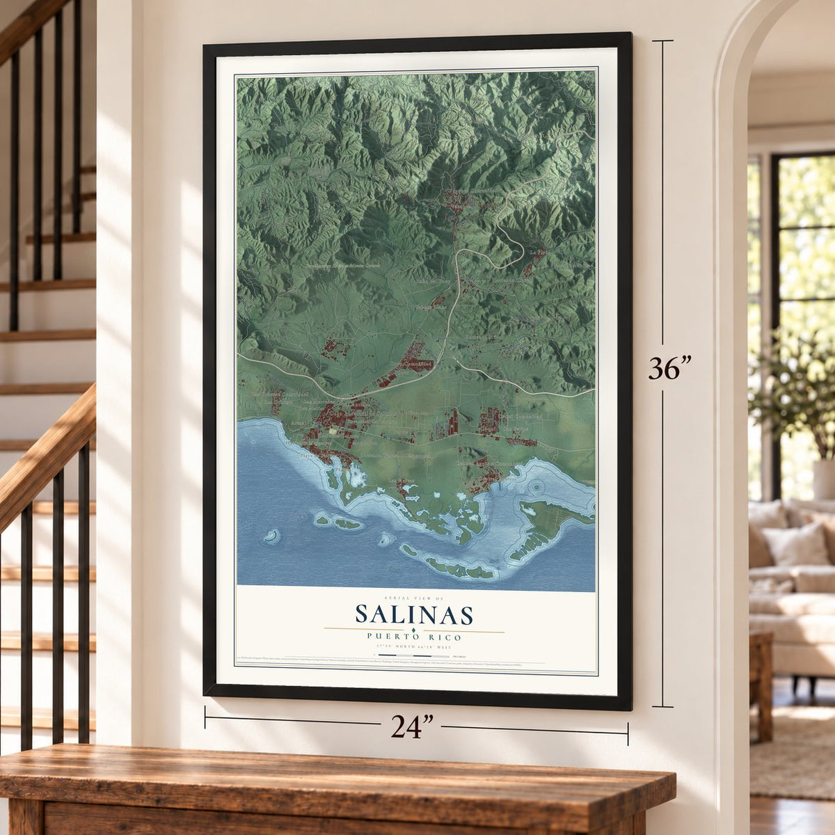 Salinas, Puerto Rico map, 24 x 36 inch print in a black frame by a staircase