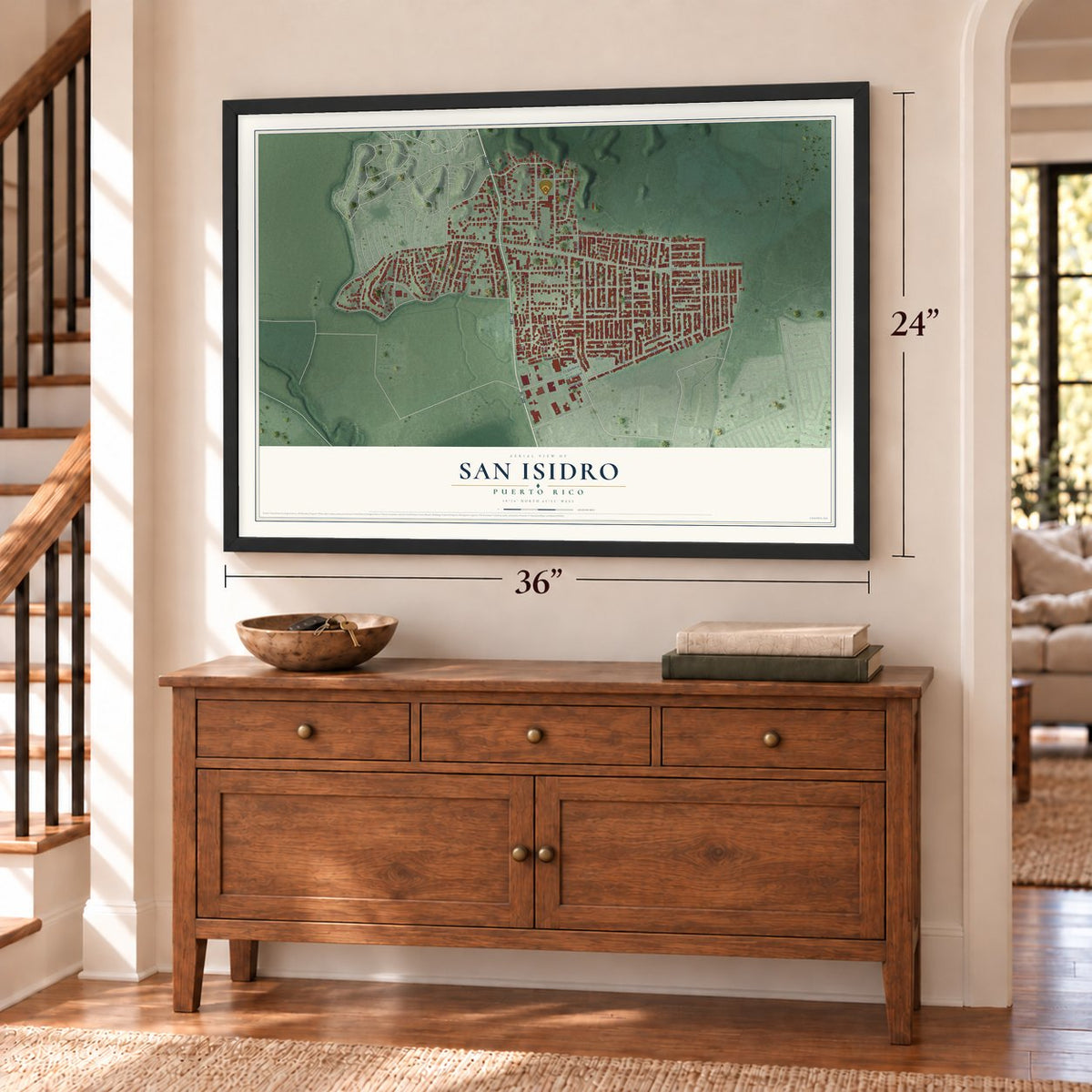 San Isidro, Puerto Rico map, 24 x 36 inch print in a black frame above a dresser by a staircase