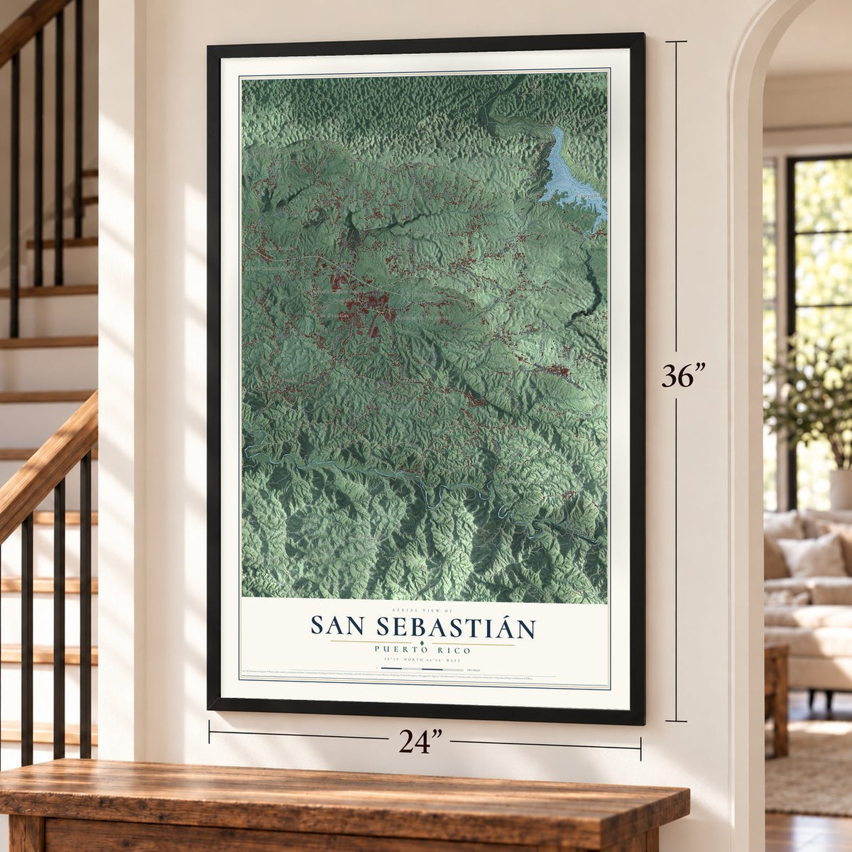 San Sebastián, Puerto Rico map, 24 x 36 inch print in a black frame by a staircase