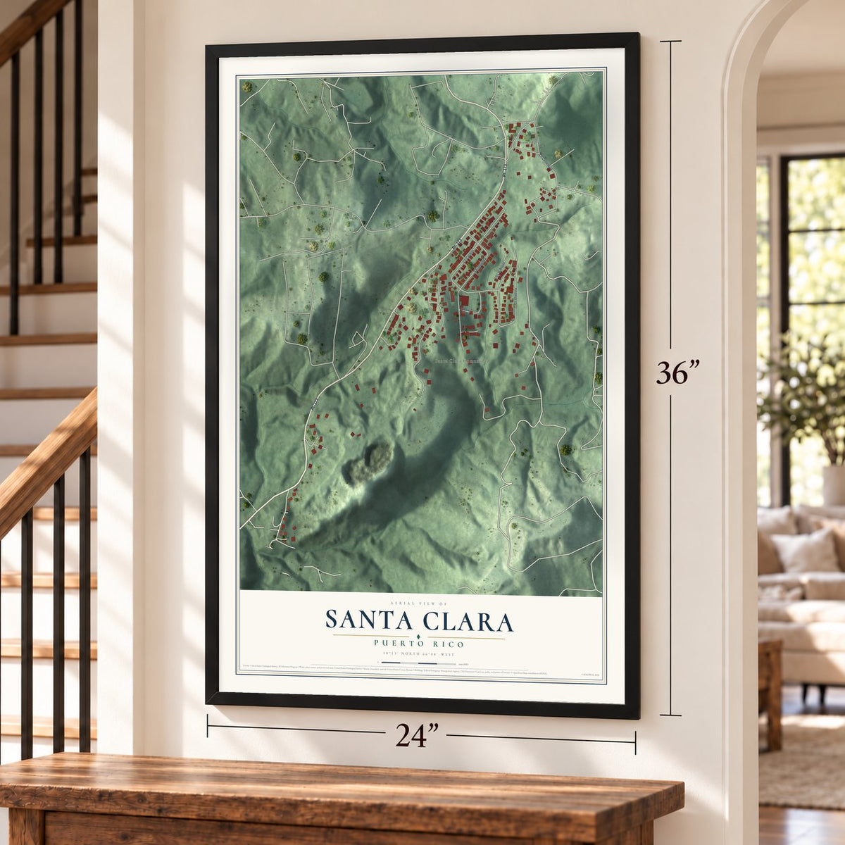Santa Clara, Puerto Rico map, 24 x 36 inch print in a black frame by a staircase