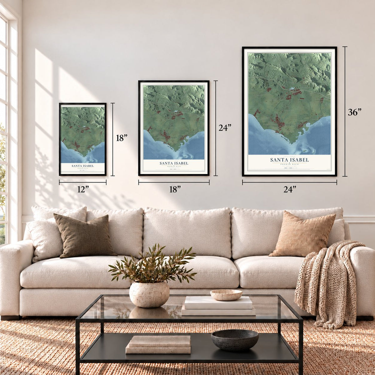 Santa Isabel, Puerto Rico map in 12 x 18, 18 x 24 and 24 x 36 inch sizes above a sofa