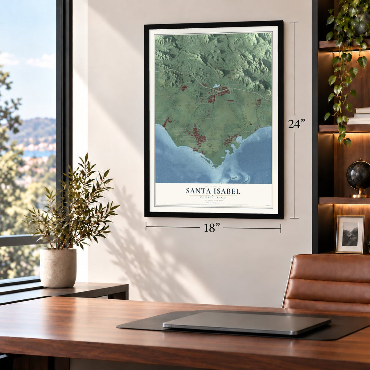 Santa Isabel, Puerto Rico map, 18 x 24 inch print in a black frame in a home office