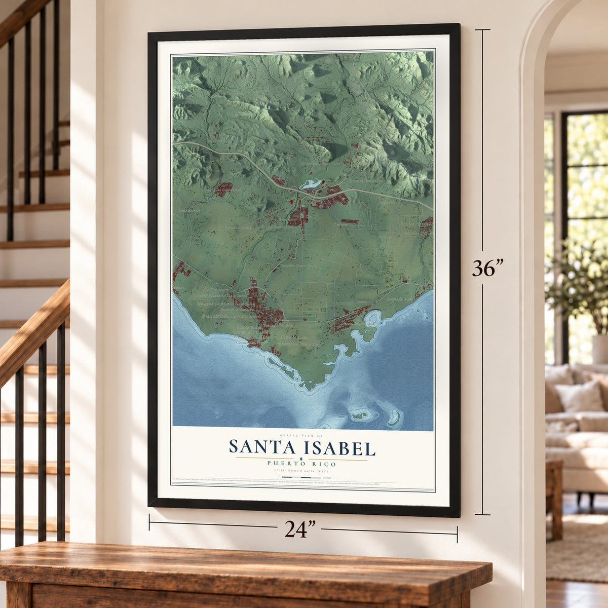 Santa Isabel, Puerto Rico map, 24 x 36 inch print in a black frame by a staircase