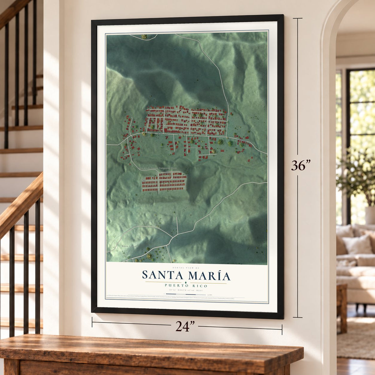 Santa María, Puerto Rico map, 24 x 36 inch print in a black frame by a staircase