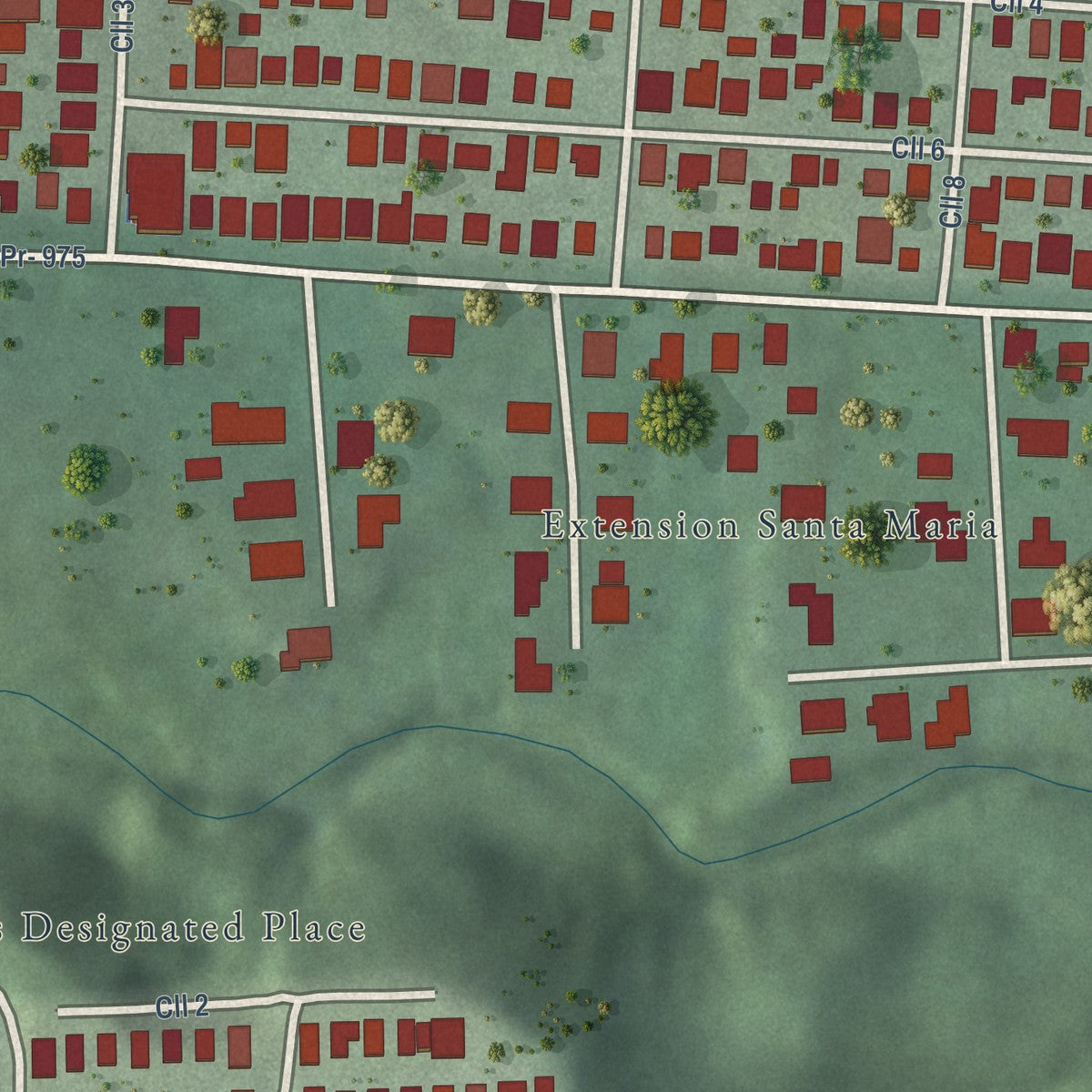 Close-up of the map of Santa María, Puerto Rico print showing street and building detail