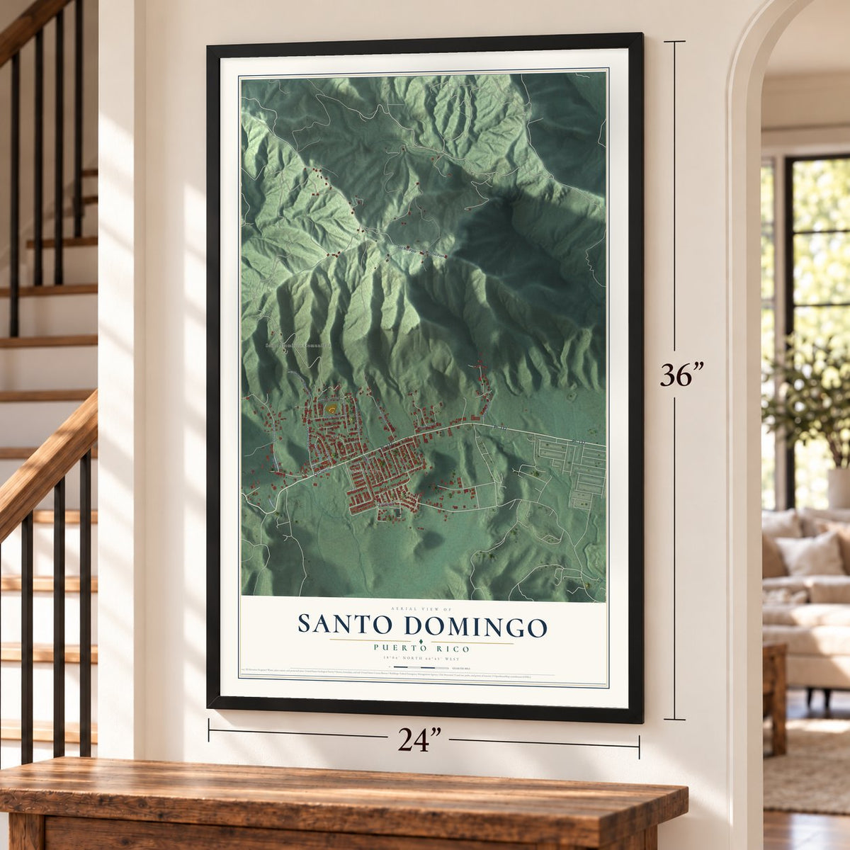 Santo Domingo, Puerto Rico map, 24 x 36 inch print in a black frame by a staircase