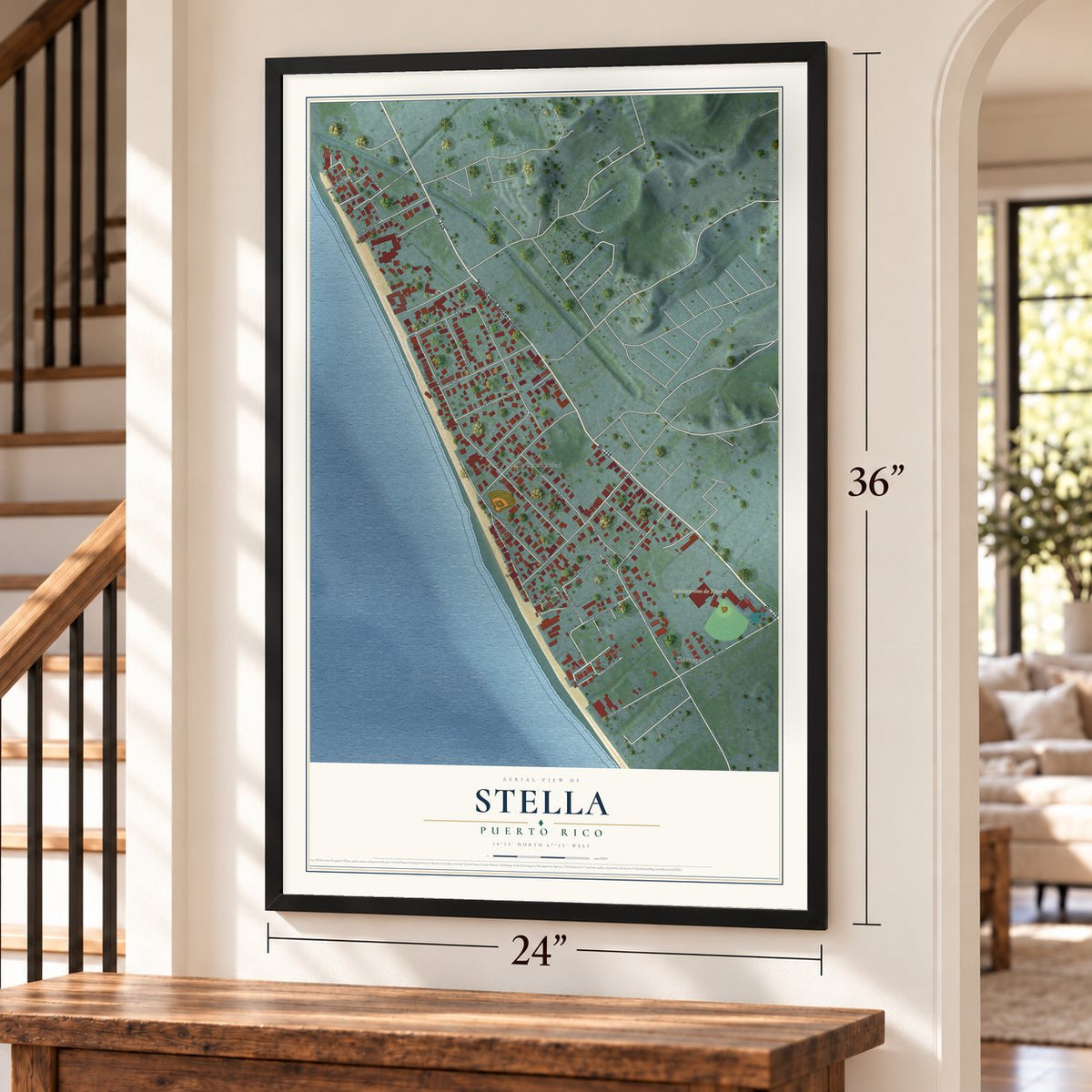 Stella, Puerto Rico map, 24 x 36 inch print in a black frame by a staircase