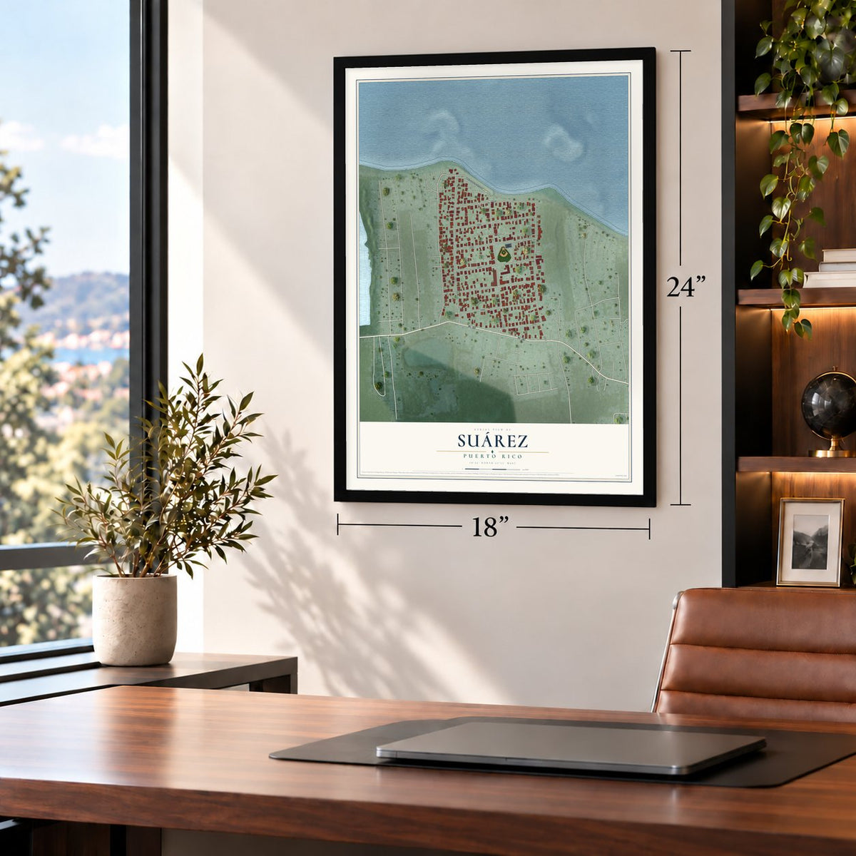 Suárez, Puerto Rico map, 18 x 24 inch print in a black frame in a home office