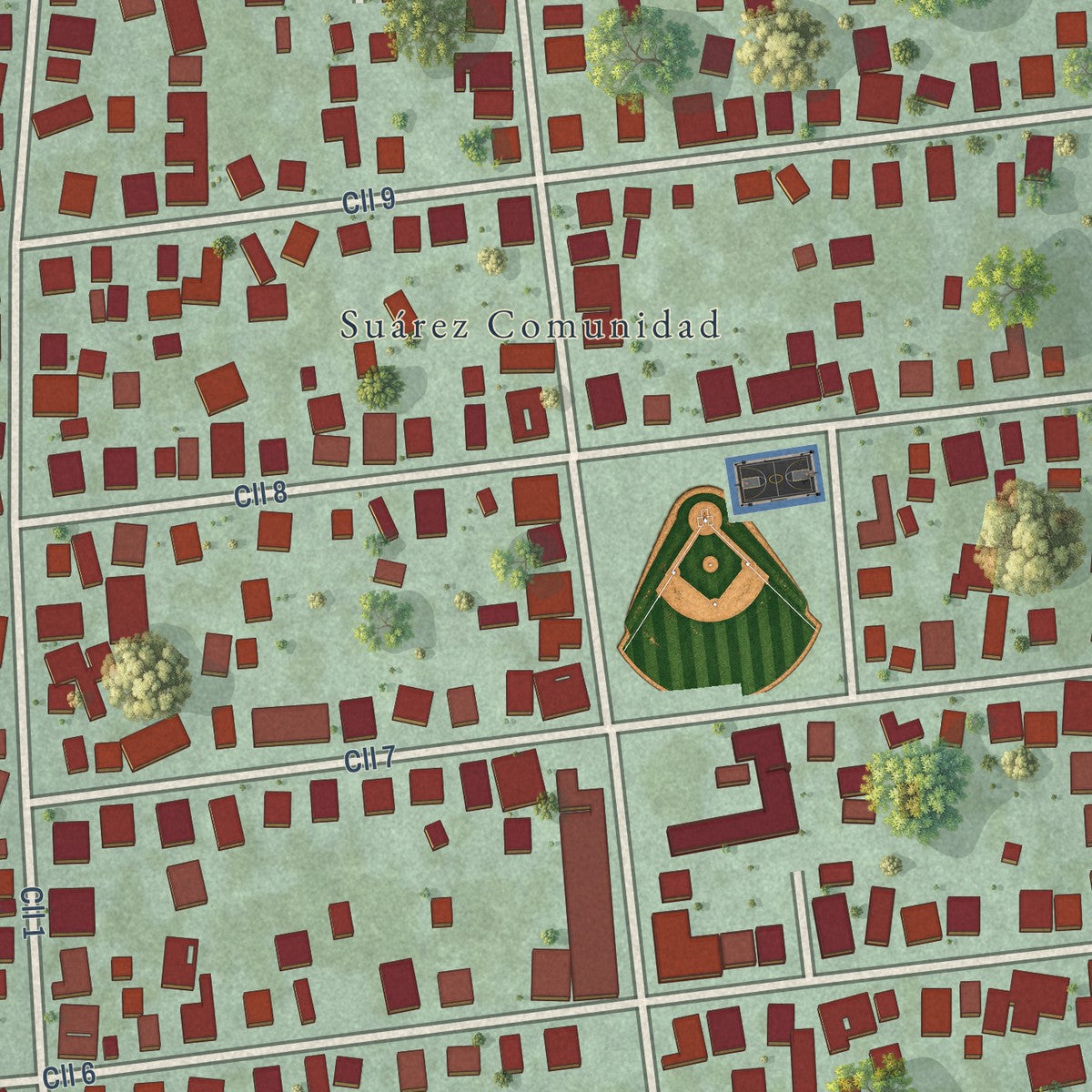 Close-up of the map of Suárez, Puerto Rico print showing street and building detail