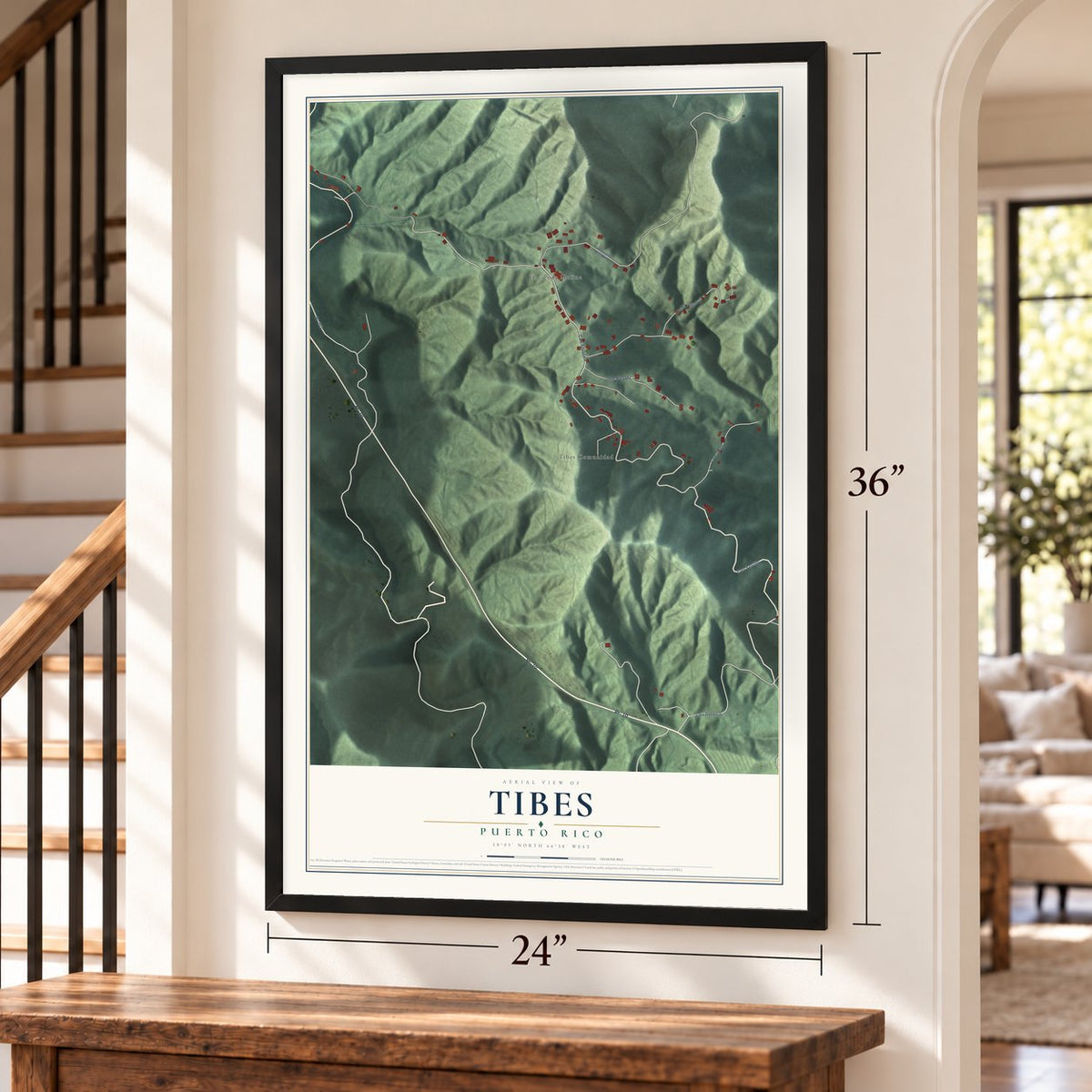 Tibes, Puerto Rico map, 24 x 36 inch print in a black frame by a staircase
