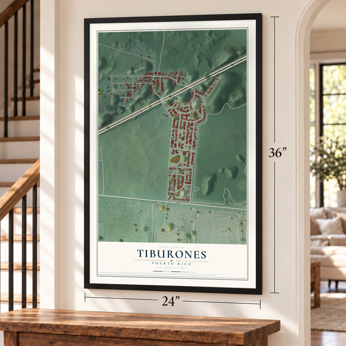 Tiburones, Puerto Rico map, 24 x 36 inch print in a black frame by a staircase